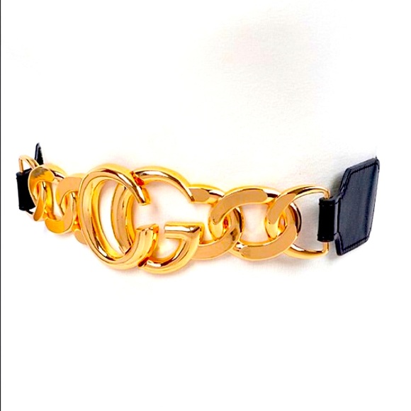 Black & Gold Metal Adjustable Elastic Waist Statement Belt - Picture 1 of 5